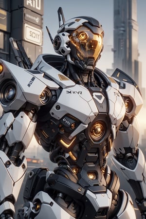 Create an poster image full lenght of a white dragon Robot Mecha Soldier, wearing Futuristic gold and white Soldier Armor and Weapons, Reflection Mapping, Realistic Figure, Hyper Detailed, Cinematic Lighting Photography, hdr, ray tracing, nvidia rtx, super-resolution, unreal 5, subsurface scattering, pbr texturing, post-processing, anisotropic filtering, depth of field, maximum clarity and sharpness, hyper realism, depth of field --ar 51:64 --niji 6 --style raw