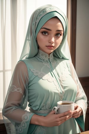 digital illustration painting on wet canvas of beautiful white moeslima woman,soft makeup,wearing soft green color hijab and light green blouse with green paisley print,holding a cup of lattee.bg well decorated cafe ,soft realism,soft painterly,modern soft pastel colors,bold stroke lines,white background,negative space,inspired by Alena Tkach