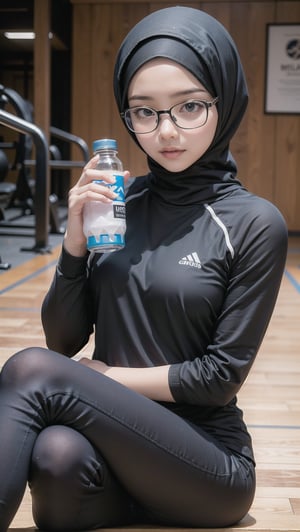 a young cute beautiful malaysian, hijab, in gym, muslim, crossed legs pose, she wear glasses, masterpiece, ultra realistic, 32k, sharp focus, realistic, wearing athleisure, holding a drinking bottle.