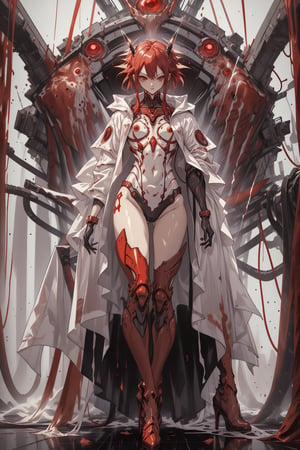 red eyes,and an ominous aura,red flame inside body, wine and flaming splash, wearing a high heels boots, wearing a pearl-white nanotechnology's loosely big Vega-punk-Luffy raincoat and wearing a hyper nano skeleton-evangelion ceramics mirror armor design.