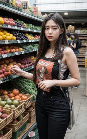 there is a woman standing in front of a produce section, getting groceries, shopping groceries, stood in a supermarket, in style of digital illustration, detailed fanart, high quality fanart, cartoon digital painting, in an anime style, official fanart, digital drawing, artwork in the style of guweiz, in the art style of bowater, in anime style, urban girl fanart