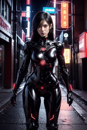 A cyborg detective with a cybernetic eye that can see through walls and detect hidden information, stalks through the neon-drenched streets of a futuristic city. Her expression is one of steely determination, her every step fueled by an unwavering pursuit of justice in a world where technology blurs the lines between right and wrong. cowboy shot.
