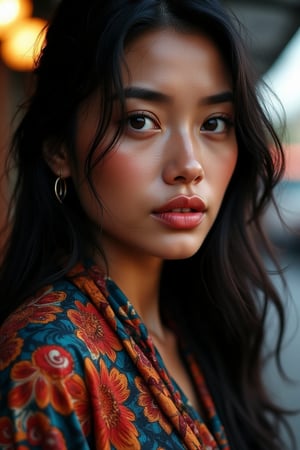 Cinematic portrait of a beautiful Malay woman, early 30s, warm bronze skin, almond-shaped dark eyes, long black hair cascading over shoulders. Wearing a vibrant beautiful patterned and intricate cloth. Soft, dramatic lighting emphasizing facial features. Shallow depth of field, background slightly blurred suggesting a Malaysian cityscape at dusk. High-resolution, photorealistic detail, shot on Arri Alexa camera, 35mm lens, f/2.8 aperture.