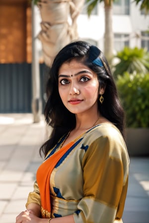 Raw photo of (27yo  Beautiful woman:1.1) (best quality, highres, ultra-detailed:1.2), vibrant colors, red, blue, black, yellow, orange, cinematic colour grading,  Moody colour grading, vilot, glowing dimond, glowing eyes, realistic Raw photo, realistic lighting, traditional saree, royal background , traditional Indian house, Indian culture, exotic beauty, exotic beauty, mesmerizing eyes,Mallu ,Indian dress,Bigger eyes