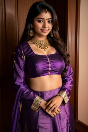 a indian girl , girl 20 year old , purple silk tight kurta salwar, hot smiling face , shot with macro stand in home , dard black room, Sony Alpha 7R 50mm f/ 1.2, studio light, hd image ((full body, big bust)) extra realistic,Extremely Realistic , hd image