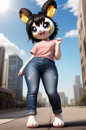 solo (anthro female emolga),
(light pink t-shirt, denim jeans, narrow body, tall body, young, paws, black hair, body fur, fur tufts, fur fluff, happy, big eyes, big eyelashes, glistening eyes, very cute, sexy pose, curvy body, full body outside, big metro city, outside, hot sunny day, standing)
3d, masterpiece, close up,