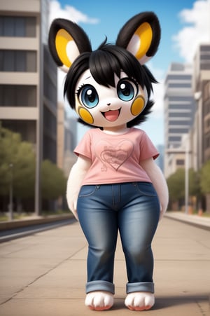 solo (anthro female emolga),
(light pink t-shirt, denim jeans, narrow body, young, paws, black hair, body fur, fur tufts, fur fluff, happy, big eyes, big eyelashes, glistening eyes, very cute, sexy pose, curvy body, full body outside, big metro city, outside, hot sunny day, standing)
3d, masterpiece, close up,