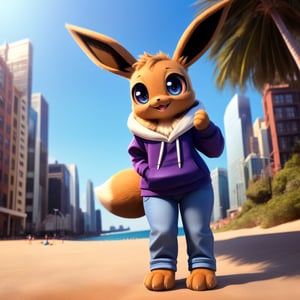 solo (anthro female eevee),
(hoodie, jeans, medium breasts, paws, young, body fur, fur tufts, fur fluff, happy, big eyes, glistening eyes, very cute, full body, looking at viewer, standing, outside, city, near beach, landscape, hot sunny day)
3d, masterpiece, close up,