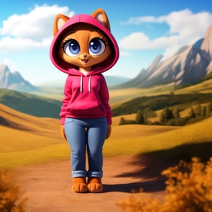 solo (anthro female kiff),
(hoodie, jeans, medium breasts, paws, young, body fur, fur tufts, fur fluff, happy, big eyes, glistening eyes, big eyelashes, very cute, full body, looking at viewer, standing, outside, landscape, hot sunny day)
3d, masterpiece, close up