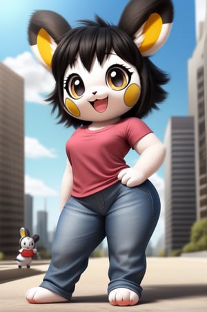 solo (anthro female emolga),
(light pink t-shirt, denim jeans, narrow body, tall body, young, paws, black hair, body fur, fur tufts, fur fluff, happy, big eyes, big eyelashes, glistening eyes, very cute, sexy pose, curvy body, full body outside, big metro city, outside, hot sunny day, standing)
3d, masterpiece, close up,