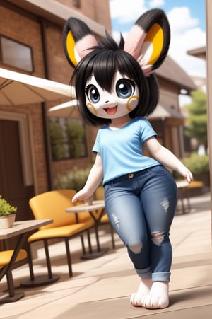 solo (anthro female emolga),
(light pink t-shirt, denim jeans, narrow body, young, paws, black hair, body fur, fur tufts, fur fluff, happy, big eyes, big eyelashes, glistening eyes, very cute, sexy pose, curvy body, full body outside, cafe, inside, hot sunny day, standing)
3d, masterpiece, close up,