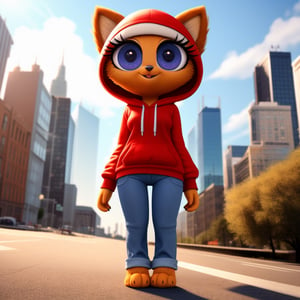 solo (anthro female kiff),
(hoodie, jeans, medium breasts, paws, young, body fur, fur tufts, fur fluff, happy, big eyes, glistening eyes, big eyelashes, very cute, full body, looking at viewer, standing, outside, city, landscape, hot sunny day)
3d, masterpiece, close up