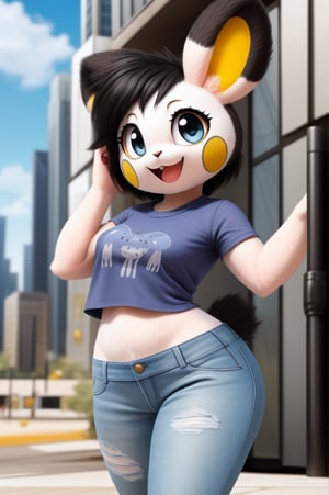 solo (anthro female emolga),
(light pink t-shirt, denim jeans, narrow body, young, paws, black hair, body fur, fur tufts, fur fluff, happy, big eyes, big eyelashes, glistening eyes, very cute, sexy pose, curvy body, full body outside, big metro city, outside, hot sunny day, standing)
3d, masterpiece, close up,