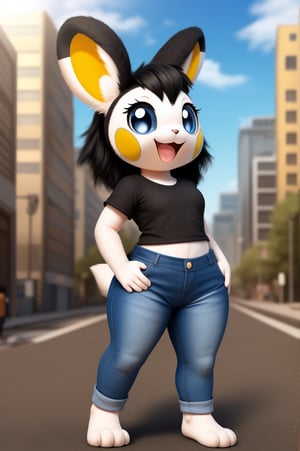 solo (anthro female emolga),
(light pink t-shirt, denim jeans, narrow body, young, paws, black hair, body fur, fur tufts, fur fluff, happy, big eyes, big eyelashes, glistening eyes, very cute, sexy pose, curvy body, full body outside, big metro city, outside, hot sunny day, standing)
3d, masterpiece, close up,