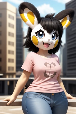 solo (anthro female emolga),
(light pink t-shirt, denim jeans, narrow body, tall body, young, paws, black hair, body fur, fur tufts, fur fluff, happy, big eyes, big eyelashes, glistening eyes, very cute, sexy pose, curvy body, full body outside, big metro city, outside, hot sunny day, standing)
3d, masterpiece, close up,