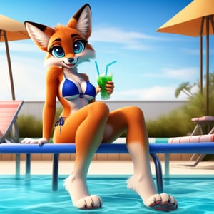 solo (anthro female vixen),
(very beautiful bikini, having drink, medium breasts, paws, young, body fur, fur tufts, fur fluff, happy, big eyes, glistening eyes, big eyelashes, very cute, full body, looking at viewer, sitting on chair, outside, swimming pool, beach, landscape, hot sunny day)
3d, masterpiece, close up