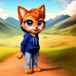 solo (anthro female kiff),
(hoodie, jeans, medium breasts, paws, young, body fur, fur tufts, fur fluff, happy, big eyes, glistening eyes, big eyelashes, very cute, full body, looking at viewer, standing, outside, landscape, hot sunny day)
3d, masterpiece, close up