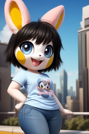solo (anthro female emolga),
(light pink t-shirt, denim jeans, narrow body, young, paws, black hair, body fur, fur tufts, fur fluff, happy, big eyes, big eyelashes, glistening eyes, very cute, sexy pose, curvy body, full body outside, big metro city, outside, hot sunny day, standing)
3d, masterpiece, close up,
