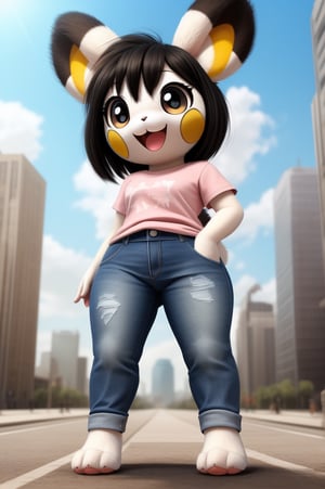 solo (anthro female emolga),
(light pink t-shirt, denim jeans, narrow body, young, paws, black hair, body fur, fur tufts, fur fluff, happy, big eyes, big eyelashes, glistening eyes, very cute, sexy pose, curvy body, full body outside, big metro city, outside, hot sunny day, standing)
3d, masterpiece, close up,