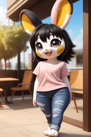 solo (anthro female emolga),
(light pink t-shirt, denim jeans, narrow body, young, paws, black hair, body fur, fur tufts, fur fluff, happy, big eyes, big eyelashes, glistening eyes, very cute, sexy pose, curvy body, full body outside, cafe, inside, hot sunny day, standing)
3d, masterpiece, close up,