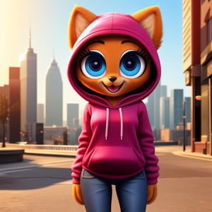 solo (anthro female kiff),
(hoodie, jeans, medium breasts, paws, young, body fur, fur tufts, fur fluff, happy, big eyes, glistening eyes, big eyelashes, very cute, full body, looking at viewer, standing, outside, city, landscape, hot sunny day)
3d, masterpiece, close up