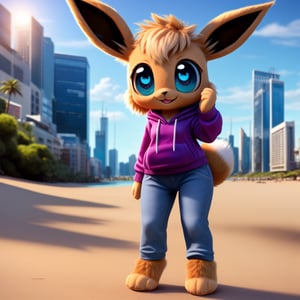 solo (anthro female eevee),
(hoodie, jeans, medium breasts, paws, young, body fur, fur tufts, fur fluff, happy, big eyes, glistening eyes, very cute, full body, looking at viewer, standing, outside, city, near beach, landscape, hot sunny day)
3d, masterpiece, close up,