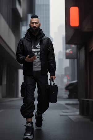 thirty years old, Japanese, black short hair, white long streak, black adidas black jacket, thin, short beard, cyberpunk style, ninja, wherewolf style, has a smartphone in one hand, dark cargo pants, black high boots
