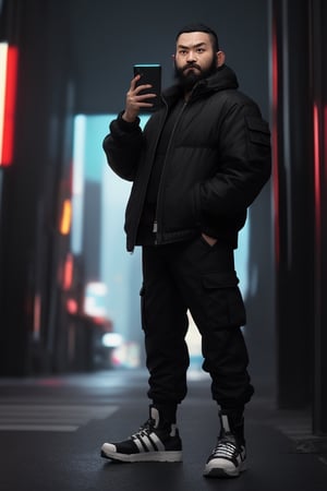 thirty years old, Japanese, black short hair, white long streak, black adidas black jacket, thin, short beard, cyberpunk style, ninja, wherewolf style, has a smartphone in one hand, dark cargo pants, black high boots
