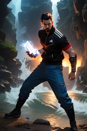 an accurate and detailed full-body shot of a male superhero character, thirty years old, Japanese, black short hair, black adidas tracksuit with tactical elements, thin, short beard, cyberpunk style, dark cargo jeans, black combat boots, Air flow, water flow, Scenes illuminated by dramatic lighting, highlighting the symmetrical beauty of the scene. displaying an elegant posture, The entire scene is captured with a wide-angle lens, creating a 12K raw photo sense of epic scale. Exquisitely perfect symmetric very gorgeous face, Exquisite delicate crystal clear skin, Detailed beautiful japan eyes, perfect slim body, slender and beautiful fingers, nice hands, perfect hands carry a mobile phone,
,r1ge,lighting