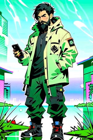 The image is epic, an imposing Japanese man, short and thin, with black hair and a well-kept beard, he has wolfish features, he is wearing an Adidas jacket, tactical cargo pants, high black military boots, he is using a mobile phone. beard, rogue, punk boots, The background represents a cybercity, electrical reflections, mechanical spiders crawl on the floor, pircings,