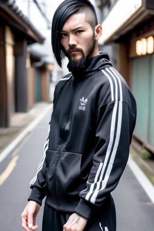 thirty years old, Japanese, black short hair, white long streak, black adidas tracksuit, thin, short beard, cyberpunk style, ninja,wherewolf style, mobile in the hand