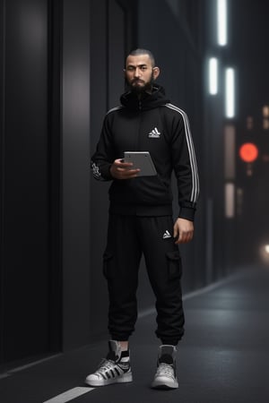 thirty years old, Japanese, black short hair, white long streak, black adidas tracksuit, thin, short beard, cyberpunk style, ninja, wherewolf style, has a smartphone in one hand, dark cargo pants, black high boots
