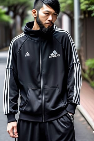 thirty years old, Japanese, black short hair, white long streak, black adidas tracksuit, thin, short beard, cyberpunk style, ninja, wherewolf style, has a smartphone in one hand,
