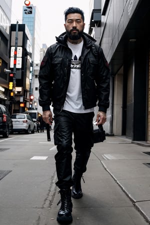 The image is epic, an imposing Japanese man, short and thin, with black hair and a well-kept beard, he has wolfish features, he is wearing an Adidas jacket, tactical cargo pants, high black military boots, he is using a mobile phone. beard, rogue, punk boots, The background represents a cybercity, electrical reflections, mechanical spiders crawl on the floor