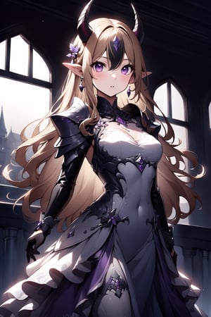 1girl, solo, long hair, breasts, looking at viewer, blush, bangs, blonde hair, hair ornament, gloves, dress, hair between eyes, jewelry, medium breasts, very long hair, standing, purple eyes, multicolored hair, cowboy shot, earrings, small breasts, parted lips, horns, pointy ears, black gloves, indoors, white dress, armor, window, covered navel, shoulder armor