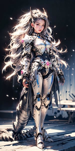 4k,ultra detailed, best quality, masterpiece, 20yo 1girl, ((Full body armor,complex multi-layered mecha armor, scale armor, many complex armor elements, ultra light tight armor, no helmet, insane detail full leg armor)) 

grey hair, long hair, (Beautiful and detailed eyes),
Detailed face, detailed eyes, double eyelids, real hands, ((short hair with long locks:1.2)), black hair, black background,


real person, color splash style photo,
,dragon ear