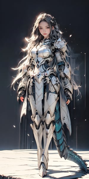 4k,ultra detailed, best quality, masterpiece, 20yo 1girl, ((Full body armor,complex multi-layered mecha armor, scale armor, many complex armor elements, ultra light tight armor, no helmet, insane detail full leg armor)) 

grey hair, long hair, (Beautiful and detailed eyes),
Detailed face, detailed eyes, double eyelids, real hands, ((short hair with long locks:1.2)), black hair, black background,


real person, color splash style photo,
,dragon ear