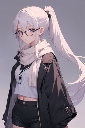 Make an anime girl. very detailed illustration, 8K, black long coat, black shorts, ((The character is wearing a white scarf)) partially covering the lower part of her face. ((Add eye glasses)), (((which will emphasize her stern look))). long hair is braided into a ponytail.,see-through