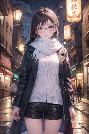 Make an girl. very detailed illustration, 8K, black long coat, black shorts, ((The character is wearing a white scarf))), (partially covering the lower part of her face). ((Add eye glasses)), (((which will emphasize her stern look)))). long hair is braided into a ponytail. (((The background is a night city, the character is illuminated by a single lantern))),