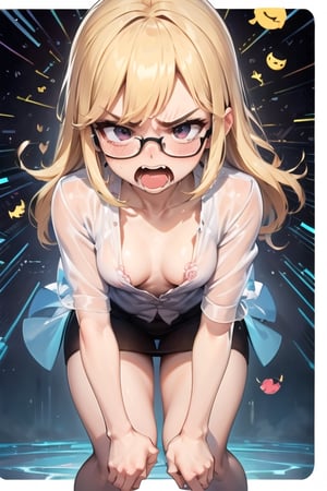 girl bending over in cancer, very detailed illustration, 8K. ((vision glasses)). ((transparent blouse white)). (((anger and embarrassment emoji))) ((small breasts)), ,Anime