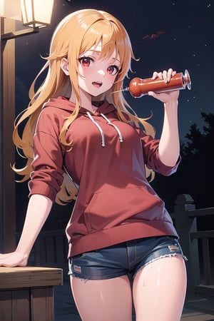 Anime girl, very detailed illustration, 8K.((masterpiece, best quality))). (high quality),(16k),(perfect hand anatomy),masterpiece. (((vampire girl)))) (((long hair black))). red eyes like ruby. wearing a hoodie sweatshirt short shorts. small height 160 cm. vampire teeth. night park. drinking tomato juice through a tube,doggystyle,nami \(one piece\)