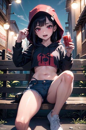Anime girl, very detailed illustration, 8K.((masterpiece, best quality))). (high quality),(16k),(perfect hand anatomy),masterpiece. (((vampire girl)))) (((long hair black))). red eyes like ruby. wearing a hoodie sweatshirt short shorts. small height 160 cm. vampire teeth. night park. drinking tomato juice through a tube,open legs sitting