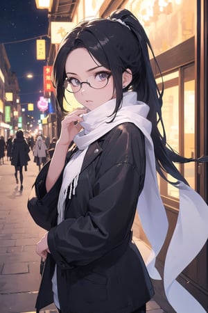 Make an anime girl. very detailed illustration, 8K, black long coat, black shorts, ((The character is wearing a white scarf)), (((partially covering the lower part of her face)). ((Add eye glasses)), (((which will emphasize her stern look)))). long hair is braided into a ponytail. in the background is a night city and the character is illuminated by the light of a lantern.
