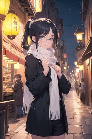 Make an anime girl. very detailed illustration, 8K, black long coat, black shorts, ((The character is wearing a white scarf)), (((partially covering the lower part of her face)). ((Add eye glasses)), (((which will emphasize her stern look)))). long hair is braided into a ponytail. (((the background is a night city and the character is illuminated by a single lantern))).