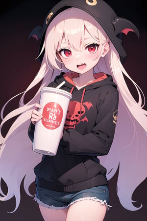 Anime girl, very detailed illustration, 8K.((masterpiece, best quality))). (high quality),(16k),(perfect hand anatomy),masterpiece. (((vampire girl)))) (((long hair black))). red eyes like ruby. wearing a hoodie sweatshirt short shorts. small height 160 cm. vampire teeth. night park. drinking tomato juice through a tube, spread pussy