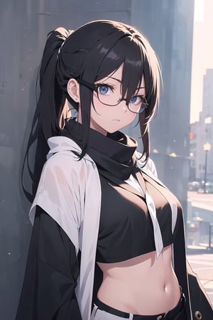 Make an anime girl. very detailed illustration, 8K, black long coat, black shorts, ((The character is wearing a white scarf)) partially covering the lower part of her face. ((Add eye glasses)), (((which will emphasize her stern look))). long hair is braided into a ponytail.,see-through