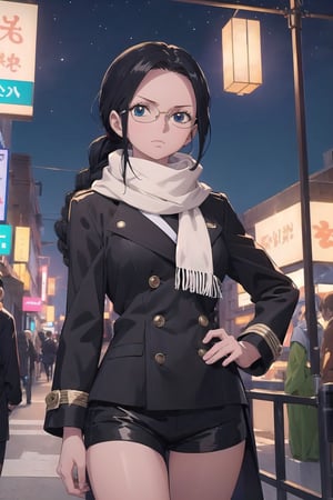 Make an anime girl. very detailed illustration, 8K, black long coat, black shorts, ((The character is wearing a white scarf))), (partially covering the lower part of her face). ((Add eye glasses)), (((which will emphasize her stern look)))). long hair is braided into a ponytail. (((The background is a night city, the character is illuminated by a single lantern))), transparent, Nico Robin.