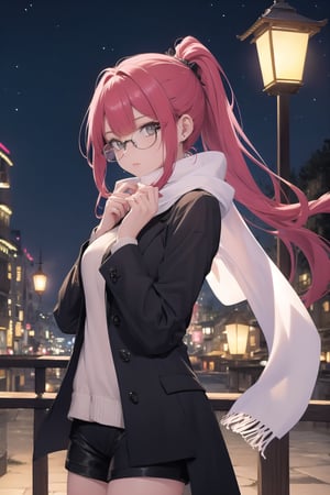 Make an girl. very detailed illustration, 8K, black long coat, black shorts, ((The character is wearing a white scarf))), (partially covering the lower part of her face). ((Add eye glasses)), (((which will emphasize her stern look)))). long hair is braided into a ponytail. (((The background is a night city, the character is illuminated by a single lantern))),