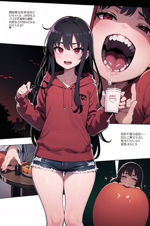 Anime girl, very detailed illustration, 8K.((masterpiece, best quality))). (high quality),(16k),(perfect hand anatomy),masterpiece. (((vampire girl)))) (((long hair black))). red eyes like ruby. wearing a hoodie sweatshirt short shorts. small height 160 cm. vampire teeth. night park. drinking tomato juice through a tube,(nsfw-3)