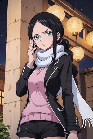 Make an anime girl. very detailed illustration, 8K, black long coat, black shorts, ((The character is wearing a white scarf))), (partially covering the lower part of her face). ((Add eye glasses)), (((which will emphasize her stern look)))). long hair is braided into a ponytail. (((The background is a night city, the character is illuminated by a single lantern))), transparent, Nico Robin.